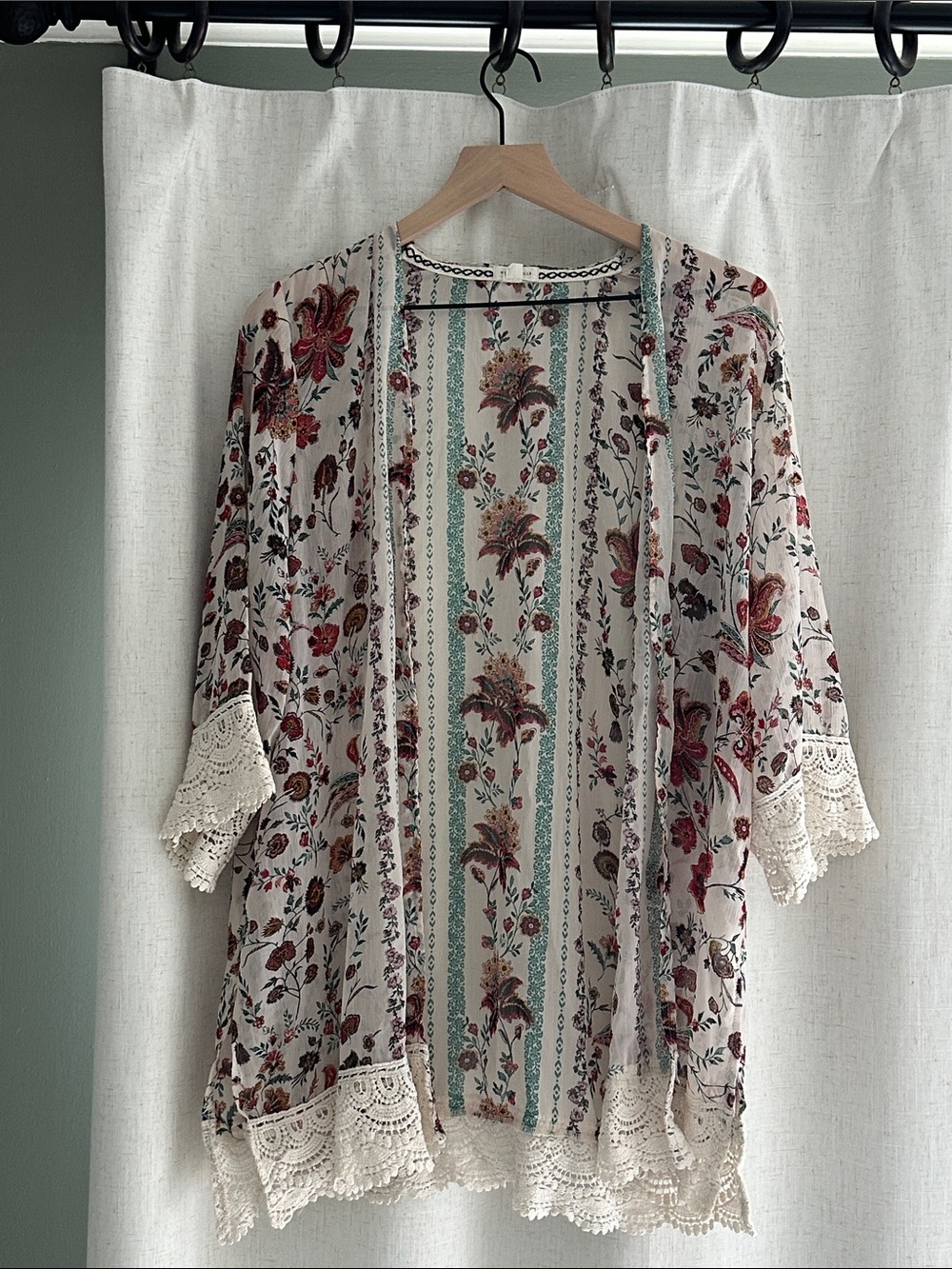 Mason & Belle Floral Boho Kimono Cardigan Lace Trim Size Large